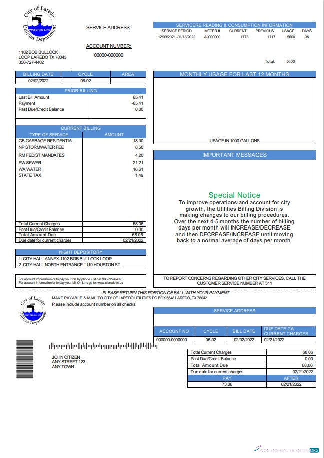 USA Texas City of Laredo Utilities Department water utility bill template in Word and PDF format